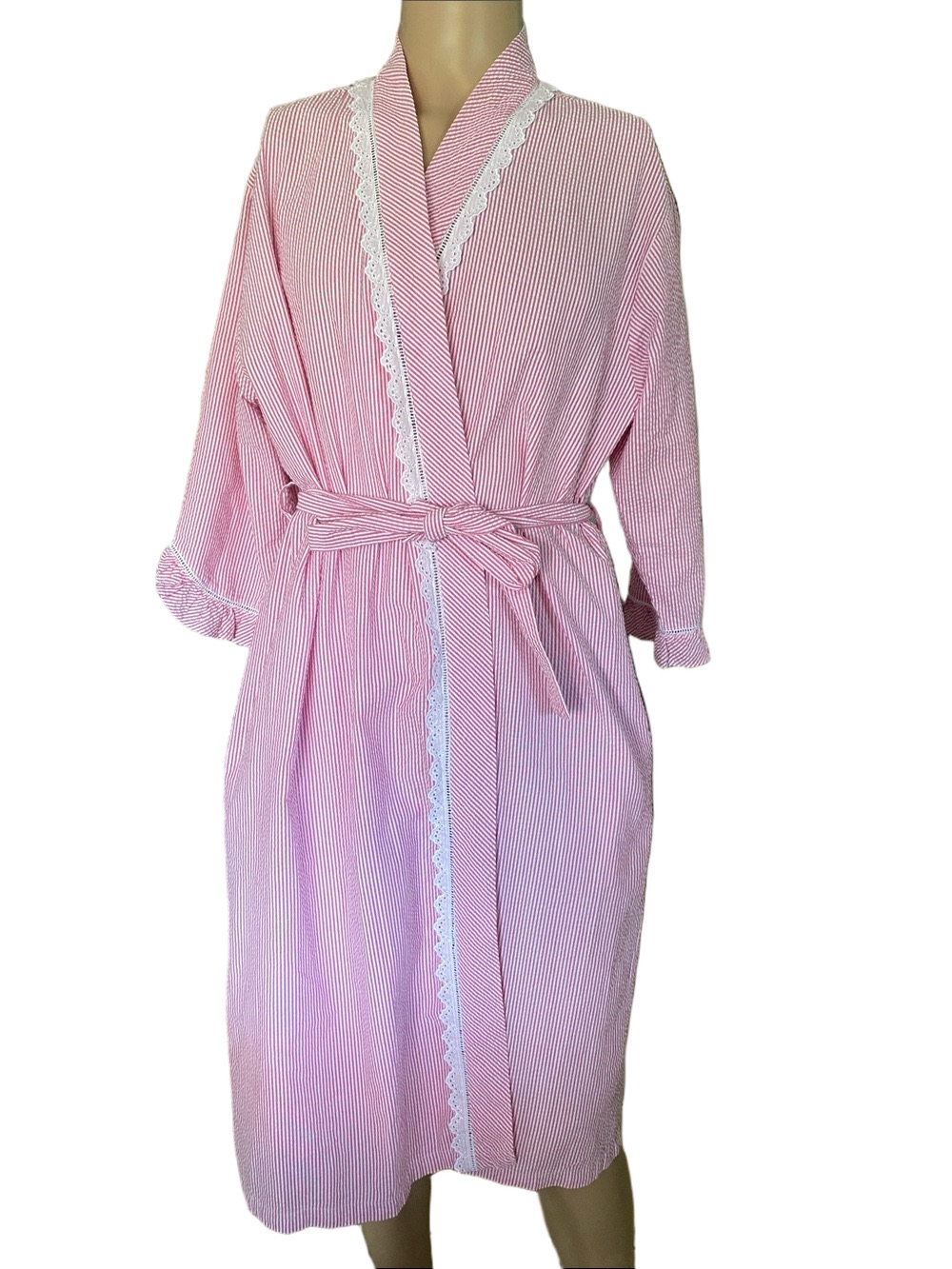 Eileen West Pink Striped Seersucker Robe with Lace Trim